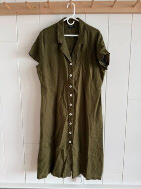 Quince 100% European Linen Button Front Dress in Olive Green
